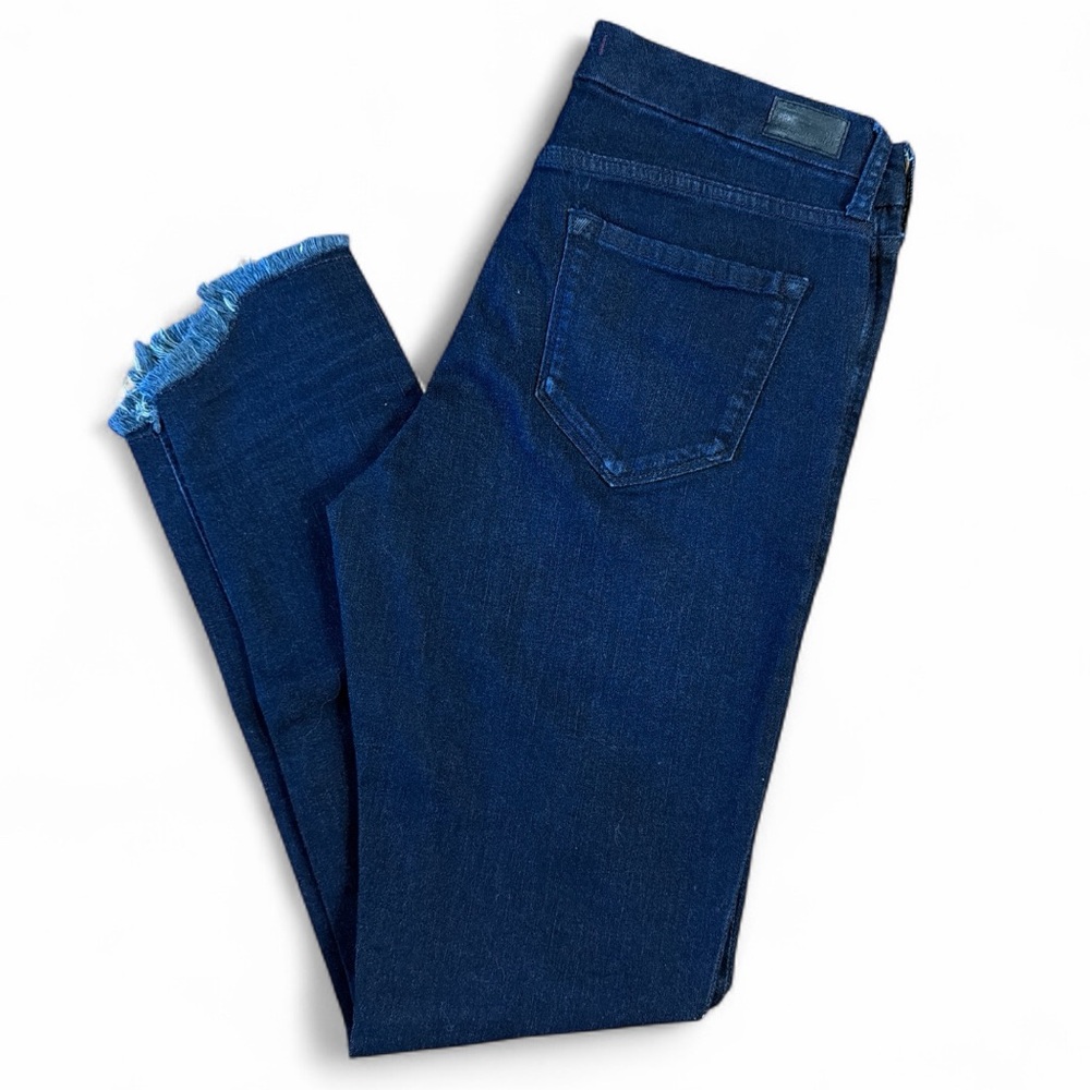 DEAR JOHN Dark Blue Gisele High Waisted Skinny Frayed Angled Hem Jeans Size 28